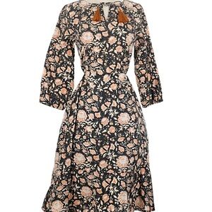 Mata Traders Black and Peach Floral Midi Dress with Tassel Tie